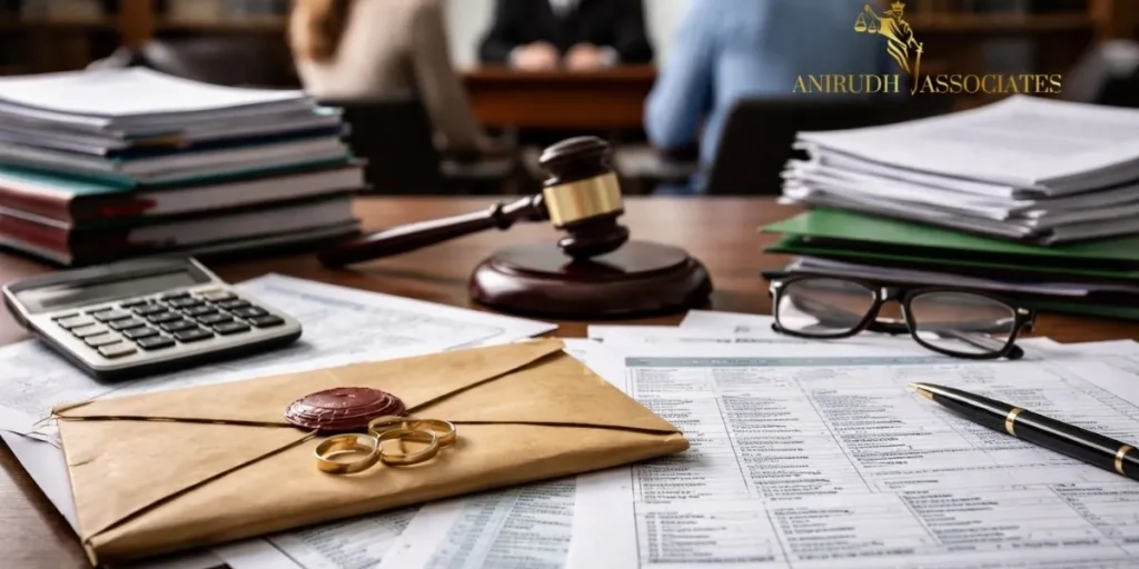 "Legal documents, wedding rings, and court gavel representing mutual consent divorce proceedings in Indian family law."