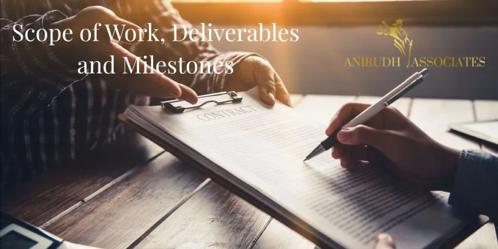 “Scope of Work and milestone payment clause in Business Contract Clauses in Bangalore showing deliverables, timelines, KPIs, and project milestones.”