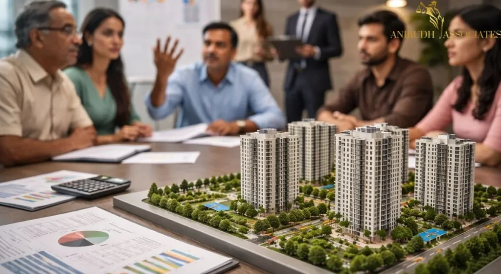 Apartment maintenance charges in Bangalore discussion showing residents and association members reviewing cost models and apartment layouts
