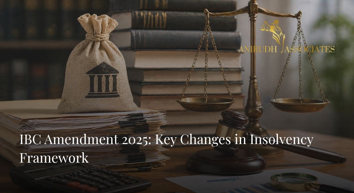 "IBC Amendment 2025 concept showing legal documents, gavel, scales of justice, and financial analysis tools representing insolvency law changes"