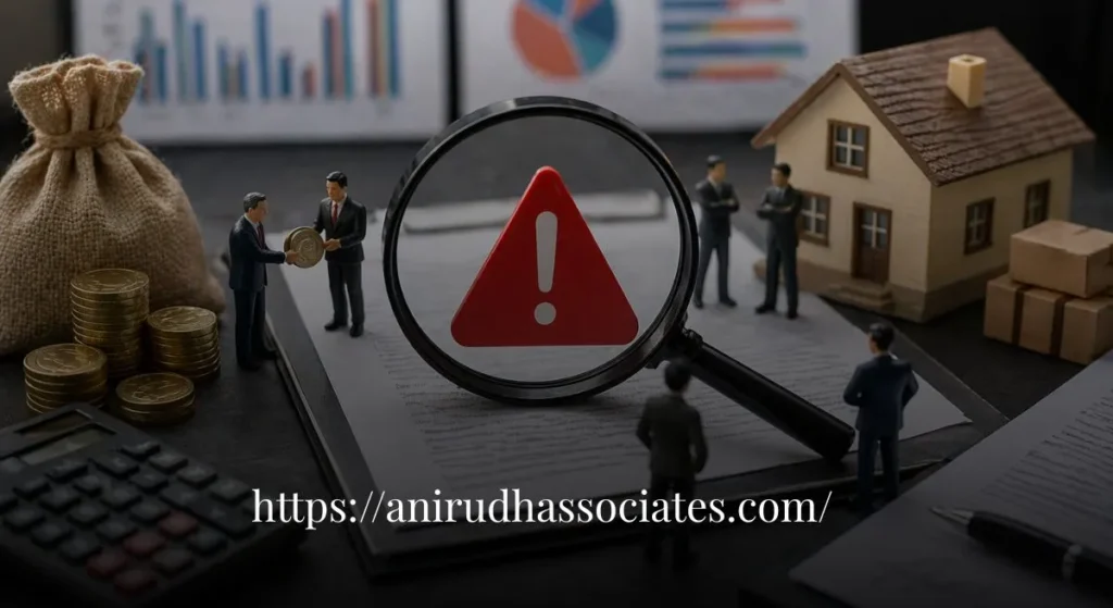 "Business risk analysis scene with magnifying glass over financial documents and miniature executives, highlighting red flags in a Related Party Transaction audit"