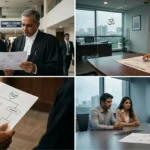 "A multi-panel image illustrating the corporate insolvency process, showing legal professionals and executives analyzing Section 10 of the IBC with flowcharts and timelines."