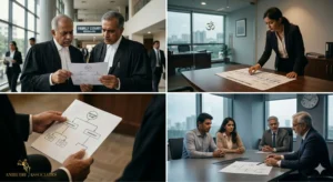 "A multi-panel image illustrating the corporate insolvency process, showing legal professionals and executives analyzing Section 10 of the IBC with flowcharts and timelines."