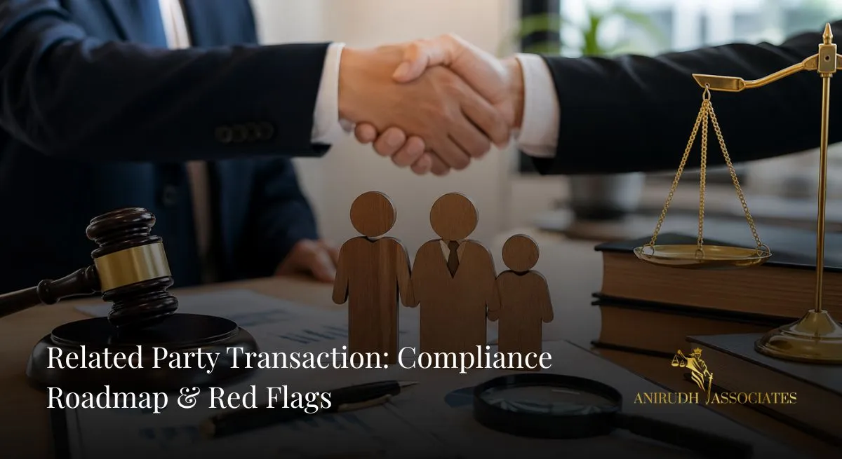 "Professional corporate meeting showing handshake with legal documents, symbolizing compliance and governance in a Related Party Transaction setup"