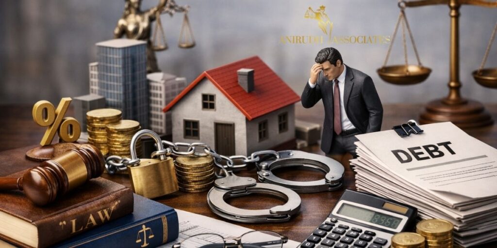 "Personal guarantor insolvency under IBC showing legal scales, debt documents, chained assets, and financial distress concept"