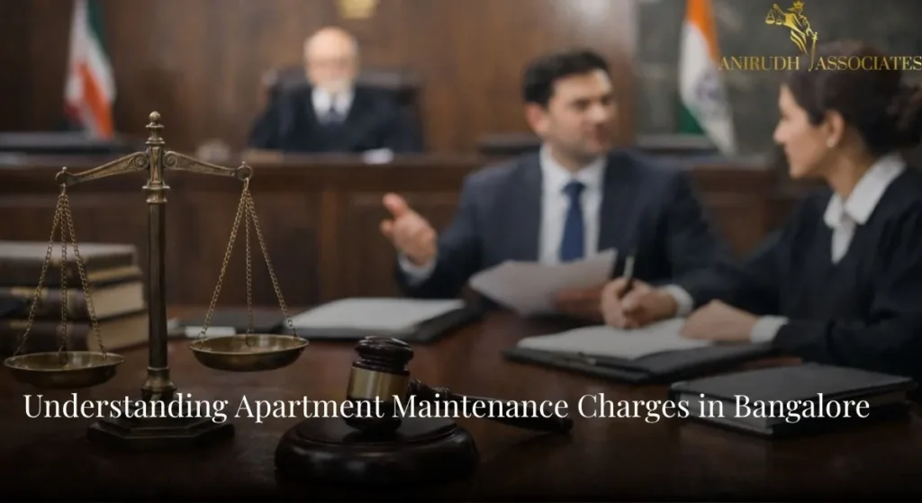 "Apartment maintenance charges in Bangalore legal concept showing courtroom discussion on fair maintenance calculation and equal usage of common amenities"