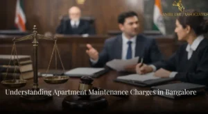 "Apartment maintenance charges in Bangalore legal concept showing courtroom discussion on fair maintenance calculation and equal usage of common amenities"