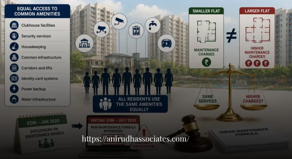 Residents challenging area-based flat maintenance charges in Bangalore apartment complex over equal use of common amenities and unfair maintenance formula - ANIRUDH ASSOCIATE