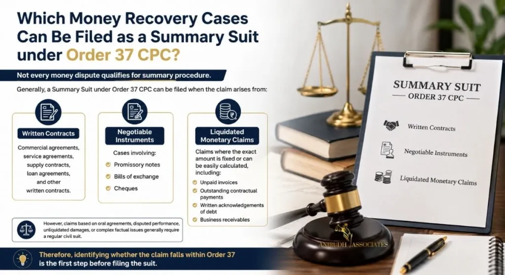 Summary Suit under Order 37 CPC showing eligible money recovery cases including written contracts, negotiable instruments, and liquidated monetary claims in India - Anirudh Associate