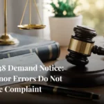 Section 138 demand notice with dishonoured cheque, legal notice documents, and judge's gavel on a lawyer's desk - Anirudh Associate