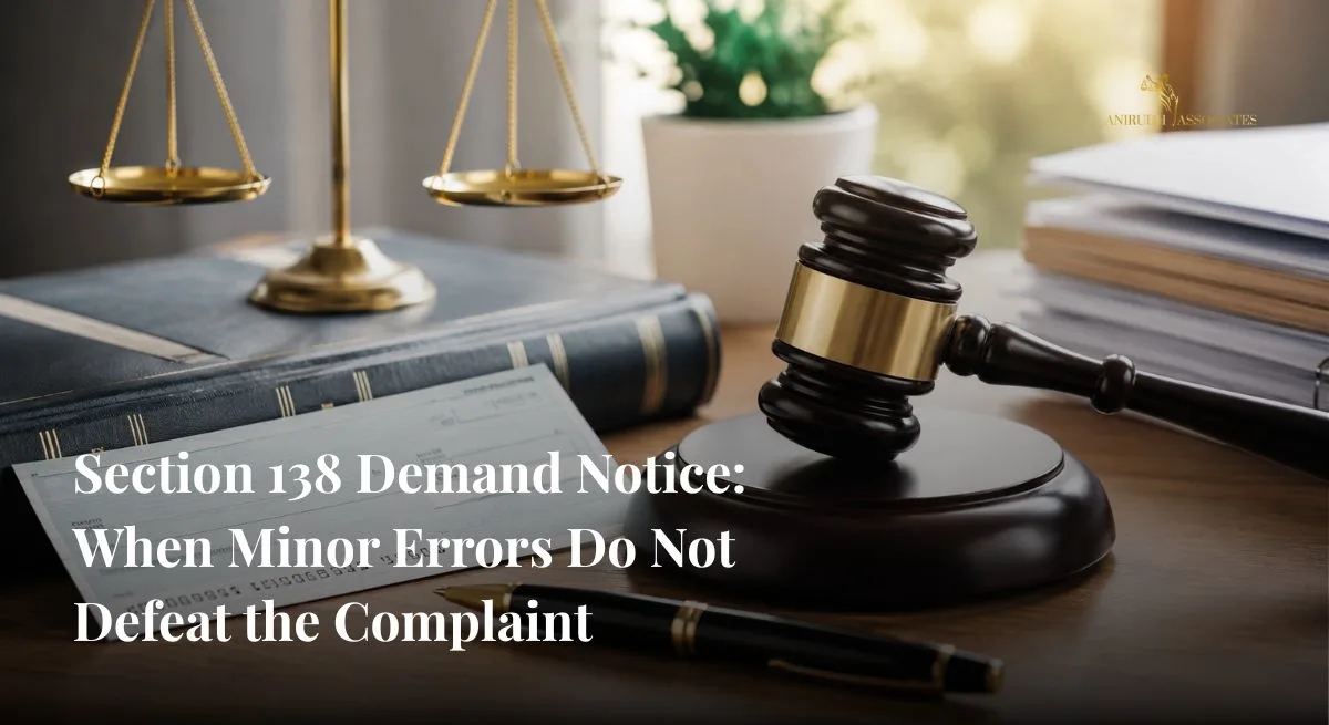 Section 138 demand notice with dishonoured cheque, legal notice documents, and judge's gavel on a lawyer's desk - Anirudh Associate