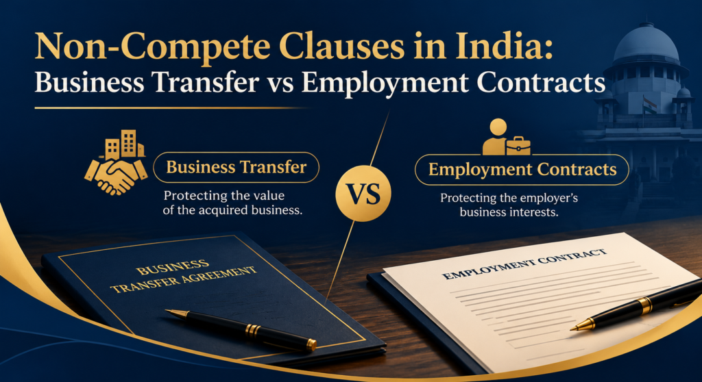 Comparison graphic showing non compete clauses in business transfer versus employment contracts in India