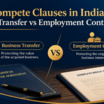 Comparison graphic showing non compete clauses in business transfer versus employment contracts in India